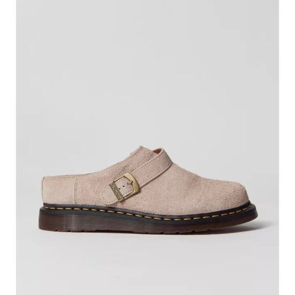 Dr. Martens Isham Mens 12 Beige Taupe Suede Slingback Buckle Mule Clog Shearling - Picture 1 of 9